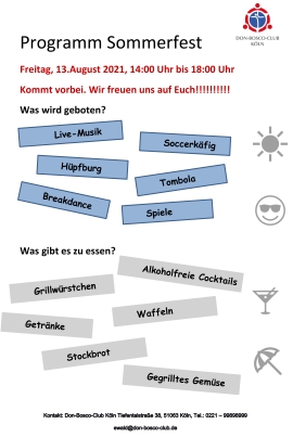 Programm des Sommerfestes im Don Bosco Club Köln am 13. August 2021