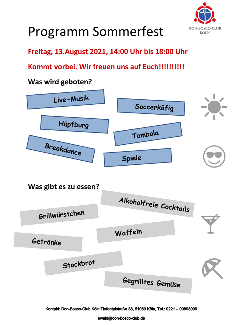 Programm des Sommerfestes im Don Bosco Club Köln am 13. August 2021